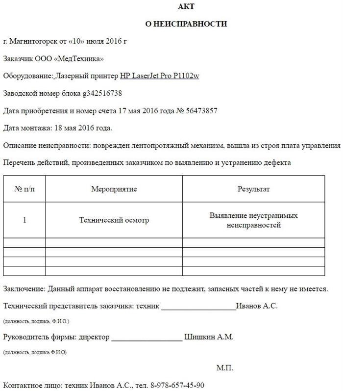 Это позволит действовать в случае неисправности оборудования. Образец.